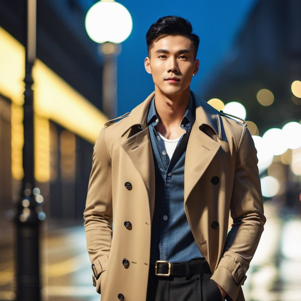 Oouguancong, Men, On the street, Handsome, Oouguancong, Men, On the street, Handsome, (Long trench coat: 1.2), Evening, Tyndall effect, Retro, Looking at you, Muscle, Upper body, Leaning against a street lamp, High skin texture, (Long hair: 1.2),Upper body close-up,Exquisite features, A small nose