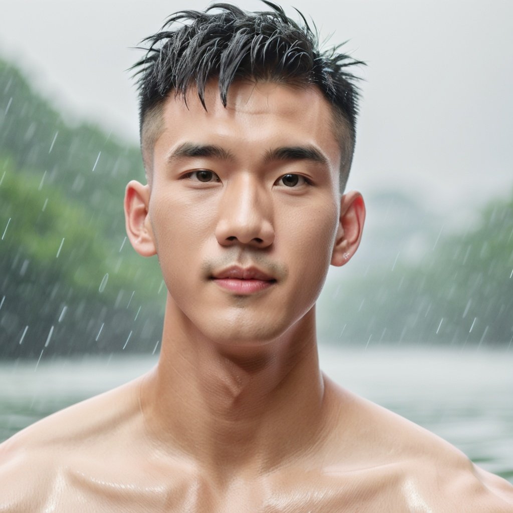 Oouguancong, Masculine boy, Handsome, Rainy days in the morning, Wear panties, (Light upper body: 1.2), Swim out of the water, Handsome facial features, A small nose, Pink hair., Muscle man, Upper body close-up