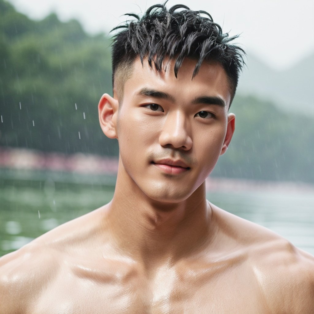 Oouguancong, Masculine boy, Handsome, Rainy days in the morning, Wear panties, (Light upper body: 1.2), Swim out of the water, Handsome facial features, A small nose, Pink hair., Muscle man, Upper body close-up