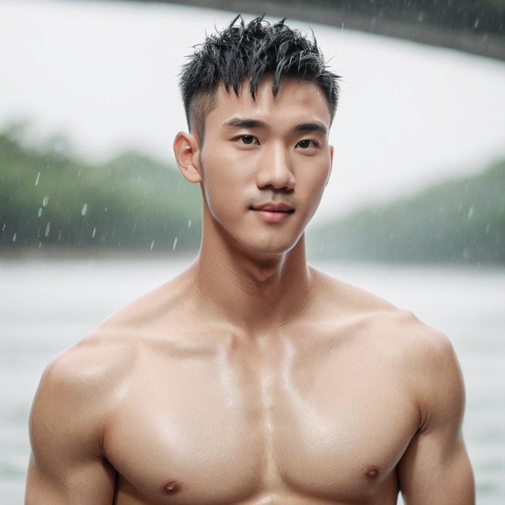 Oouguancong,  Masculine boy,  Handsome,  Rainy days in the morning,  Wear panties,  (Light upper body: 1.2),  Swim out of the water,  Handsome facial features,  A small nose,  black hair.,  Muscle man,  Upper body close-up, <lora:EMS-16140-EMS:0.700000>