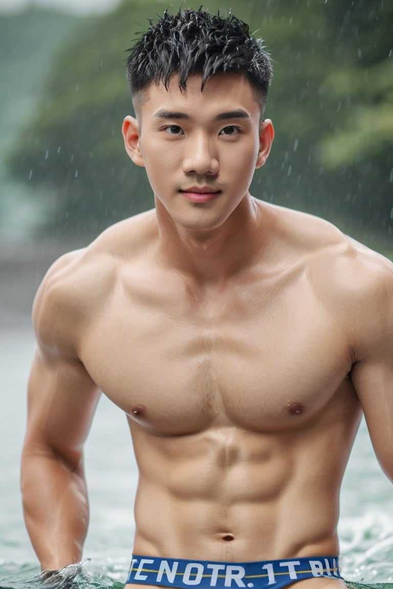 Oouguancong,  Masculine boy,  Handsome,  Rainy days in the morning,  Wear panties,  (Light upper body: 1.2),  Swim out of the water,  Handsome facial features,  A small nose,  black hair.,  Muscle man,  Upper body close-up, <lora:EMS-16140-EMS:0.700000>