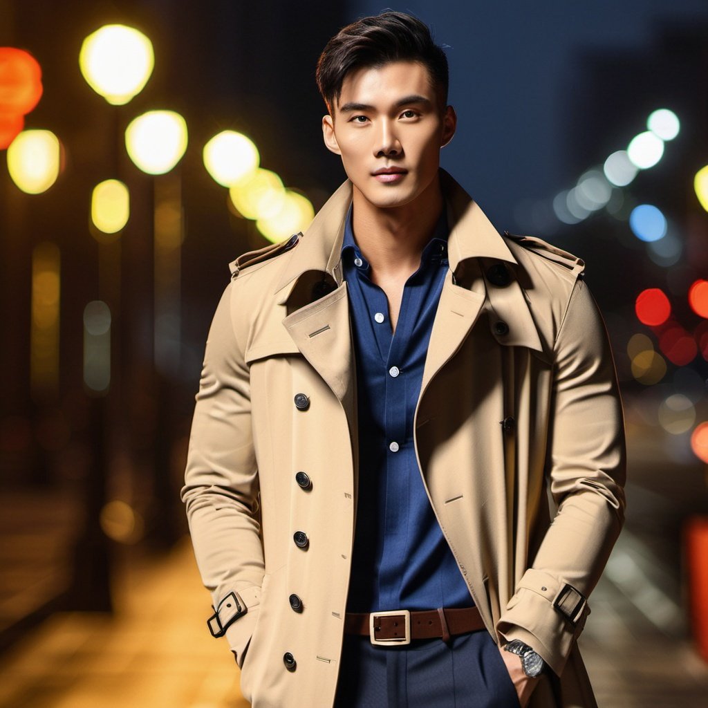 Oouguancong, Men, On the street, Handsome, Oouguancong, Men, On the street, Handsome, (Long trench coat: 1.2), Evening, Tyndall effect, Retro, Looking at you, Muscle, Upper body, Leaning against a street lamp, High skin texture, (Long hair: 1.2),Upper body close-up,Exquisite features, A small nose