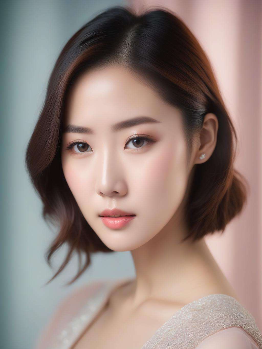 Professional photograph of a beautiful korean woman, medium shot, studio lighting, pastel colors, foreground, photorealism, shot on a Pentax 645Z, 85mm lens 1.4 aperture, complex background