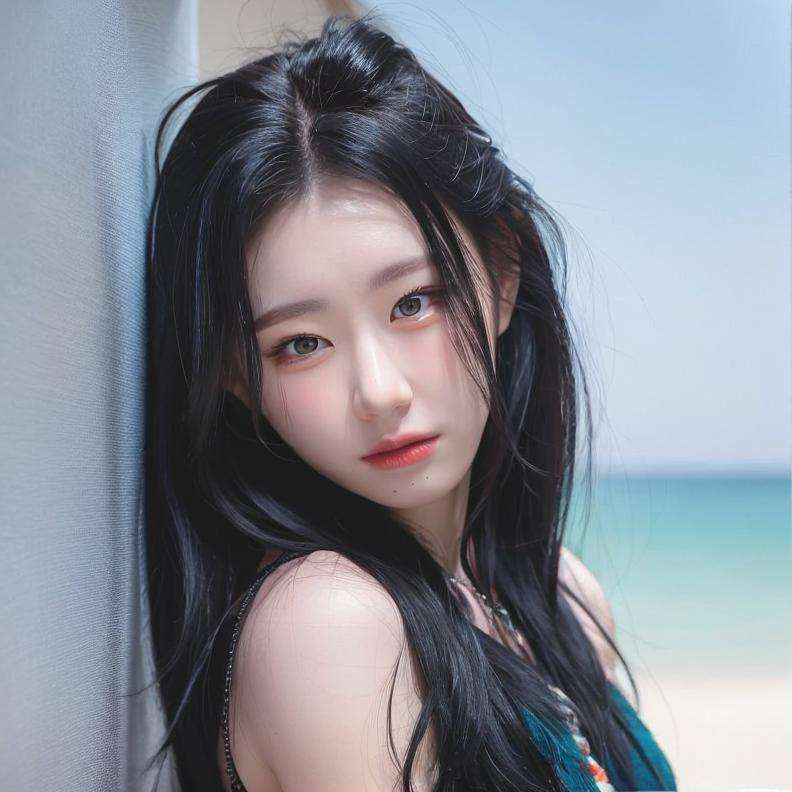 Nikon RAW photo,8k,Fujifilm XT3,masterpiece, best quality, realistic, photorealistic,ultra detailed,1girl,solo,(liquid paint light blue hair:1.1),standing, beautiful blue sky, gorgeous expression, woman,medium breast, wearing dress, in a beach chaeryeong, alone, ((looking at viewer)), close up, beautiful face, <lora:sayhello0o-v1-itzychaeryeong:1>