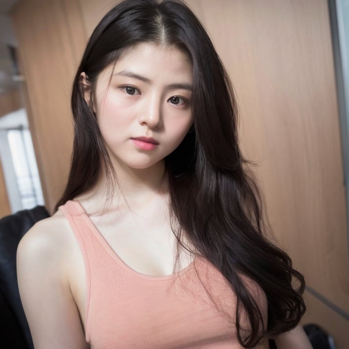 1girl, solo, (wearing pink tanktop:1), (8k, best quality, masterpiece, ultra highres:1.2) Photo of Pretty Japanese Named sohee (detailed_face), (looking at viewer:1.2), (passport photo:1.4), (medium full shot:1.3), (closed mouth:1), beautiful face, beautiful expression, highres, <lora:sayhello0o-hansohee-000006:1>