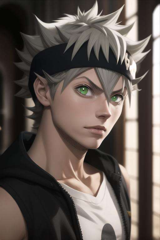 masterpiece, best quality, high quality, 1boy, solo, male focus, looking at viewer, upper body, <lora:asta:0.84>, asta, green eyes, headband, grey hair, spiked hair,