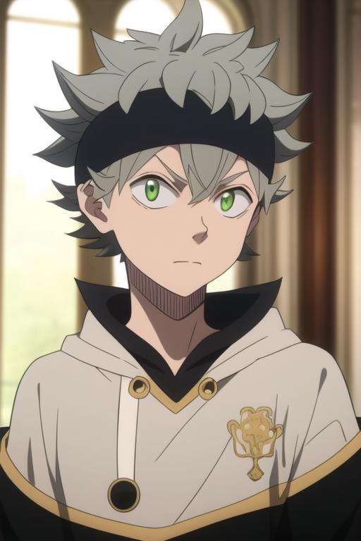 masterpiece, best quality, high quality, 1boy, solo, male focus, looking at viewer, upper body, <lora:asta:0.76>, asta, green eyes, headband, grey hair, spiked hair,