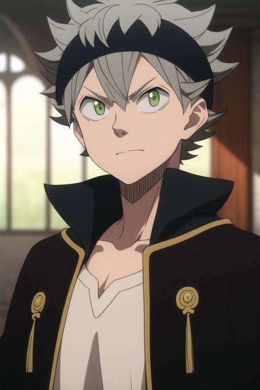 masterpiece, best quality, high quality, 1boy, solo, male focus, looking at viewer, upper body, <lora:asta:0.78>, asta, green eyes, headband, grey hair, spiked hair,