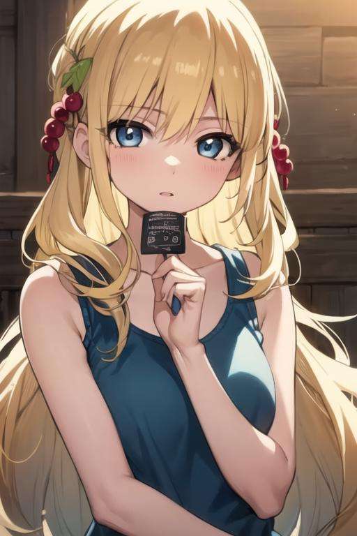 masterpiece, best quality, high quality, 1girl, solo, looking at viewer, upper body, <lora:scheherazade_magi:0.56>, scheherazade_magi, blonde hair, 1girl, long hair, blue eyes, tank top