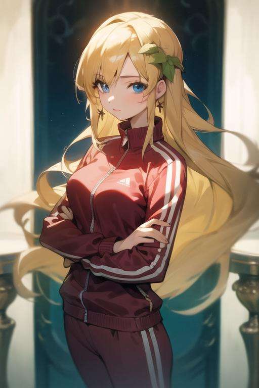 masterpiece, best quality, high quality, 1girl, solo, looking at viewer, upper body, <lora:scheherazade_magi:0.66>, scheherazade_magi, blonde hair, 1girl, long hair, blue eyes, track suit