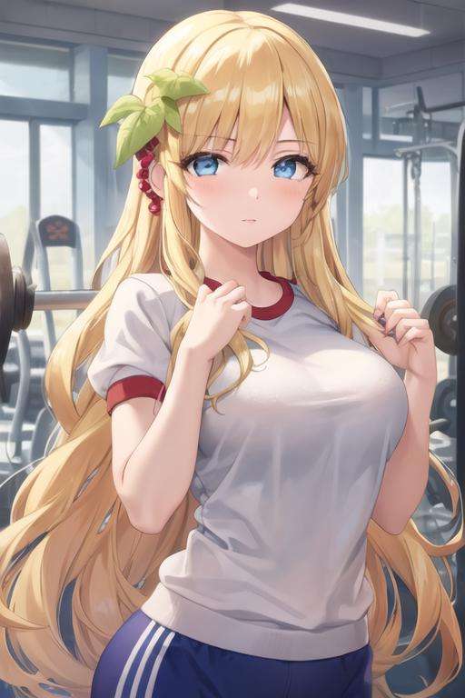 masterpiece, best quality, high quality, 1girl, solo, looking at viewer, upper body, <lora:scheherazade_magi:0.58>, scheherazade_magi, blonde hair, 1girl, long hair, blue eyes, gym uniform