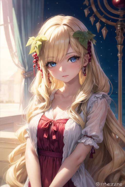 masterpiece, best quality, high quality, 1girl, solo, looking at viewer, upper body, <lora:scheherazade_magi:0.68>, scheherazade_magi, blonde hair, 1girl, long hair, blue eyes, shirt