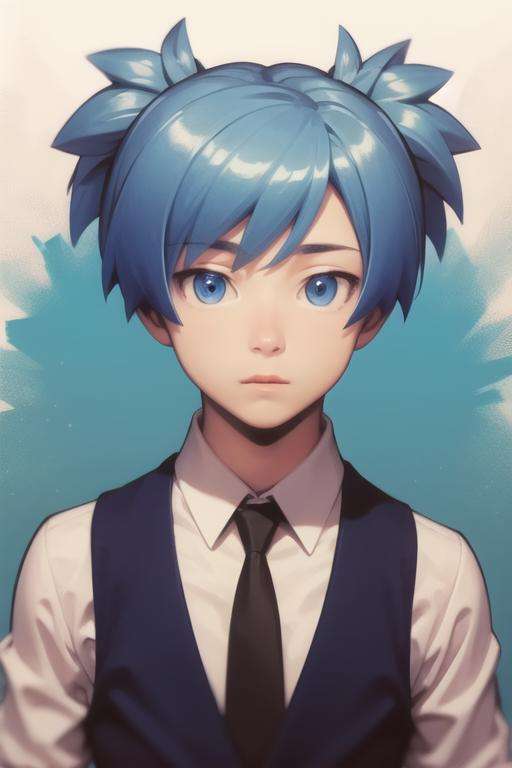 masterpiece, best quality, high quality, 1boy, solo, male focus, looking at viewer, upper body, <lora:shiota_nagisa:0.70>, shiota_nagisa, blue hair, blue eyes, short twintails, school uniform, shirt, necktie, vest