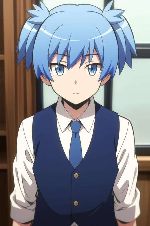 masterpiece, best quality, high quality, 1boy, solo, male focus, looking at viewer, upper body, <lora:shiota_nagisa:0.78>, shiota_nagisa, blue hair, blue eyes, school uniform, shirt, necktie, vest, short twintails