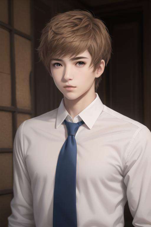 masterpiece, best quality, high quality, 1boy, solo, male focus, looking at viewer, upper body, <lora:gran:0.78>, gran, brown hair, brown eyes, realistic, formal, necktie, dress shirt