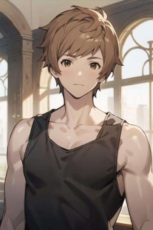 masterpiece, best quality, high quality, 1boy, solo, male focus, looking at viewer, upper body, <lora:gran:0.78>, gran, brown hair, brown eyes, , tank top