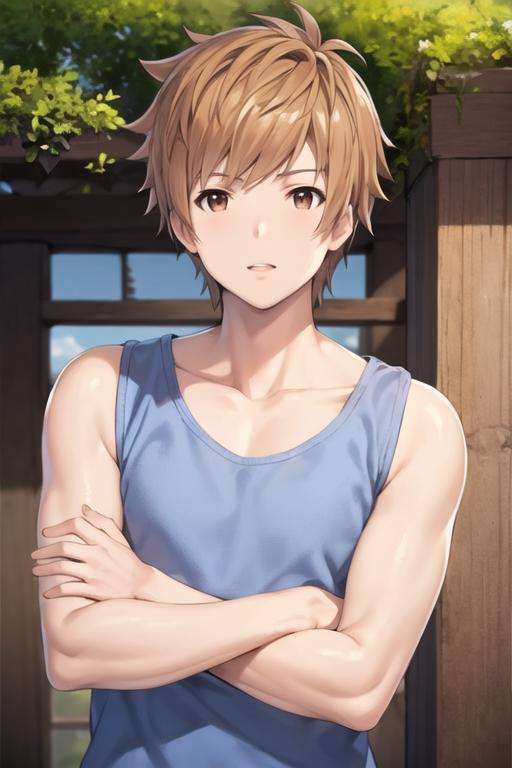 masterpiece, best quality, high quality, 1boy, solo, male focus, looking at viewer, upper body, <lora:gran:0.80>, gran, brown hair, brown eyes, , tank top