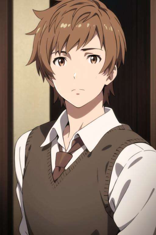 masterpiece, best quality, high quality, 1boy, solo, male focus, looking at viewer, upper body, <lora:gran:0.74>, gran, brown hair, brown eyes, realistic, school uniform