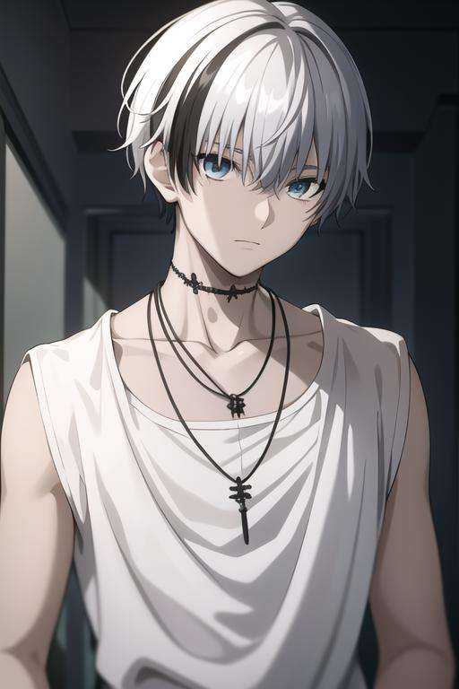 masterpiece, best quality, high quality, <lora:shinoyama_polka:0.70>, shinoyama_polka, 1boy, solo, male focus, upper body, looking at viewer, shirt, two-tone hair, white hair, black hair, jewelry, white_shirt, necklace, scar