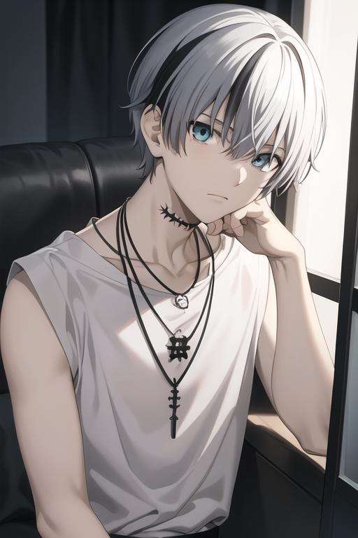 masterpiece, best quality, high quality, <lora:shinoyama_polka:0.70>, shinoyama_polka, 1boy, solo, male focus, upper body, looking at viewer, shirt, two-tone hair, white hair, black hair, jewelry, white_shirt, necklace, scar