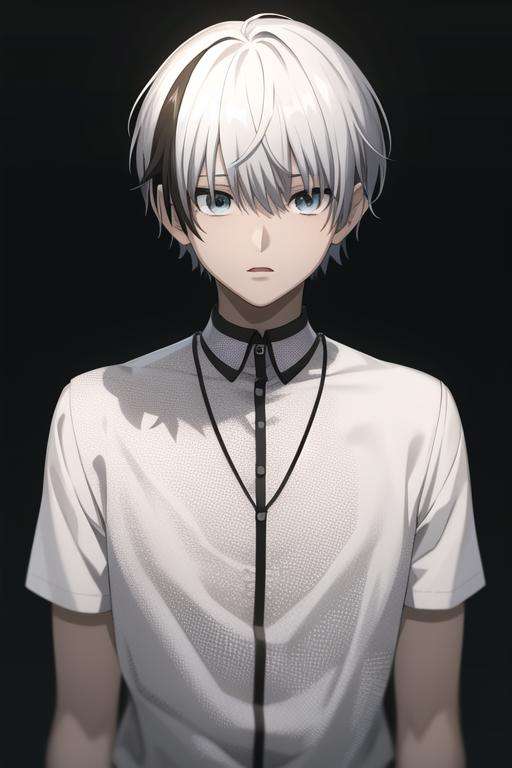 masterpiece, best quality, high quality, <lora:shinoyama_polka:0.70>, shinoyama_polka, 1boy, solo, male focus, upper body, looking at viewer, shirt, two-tone hair, white hair, black hair