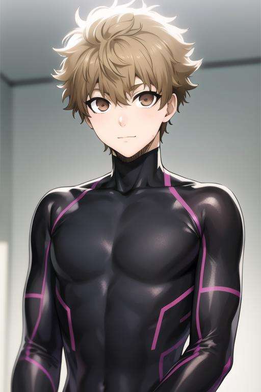 masterpiece, best quality, high quality, 1boy, solo, male focus, looking at viewer, upper body, <lora:naruhaya_asahi:0.70>, naruhaya_asahi, brown_hair, bodysuit