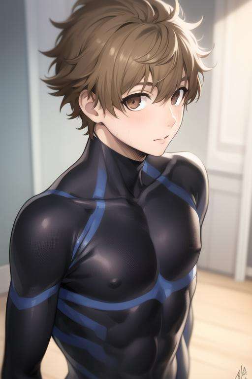 masterpiece, best quality, high quality, 1boy, solo, male focus, looking at viewer, upper body, <lora:naruhaya_asahi:0.70>, naruhaya_asahi, brown_hair, bodysuit