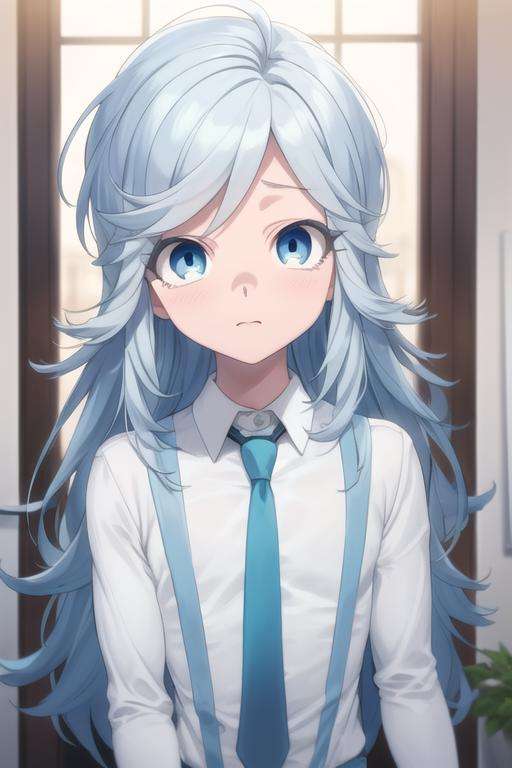 masterpiece, best quality, high quality, 1boy, solo, male focus, looking at viewer, upper body, <lora:akira_kemono_jihen:0.78>, akira_kemono_jihen, long hair, blue eyes, blue hair, , formal, necktie, dress shirt