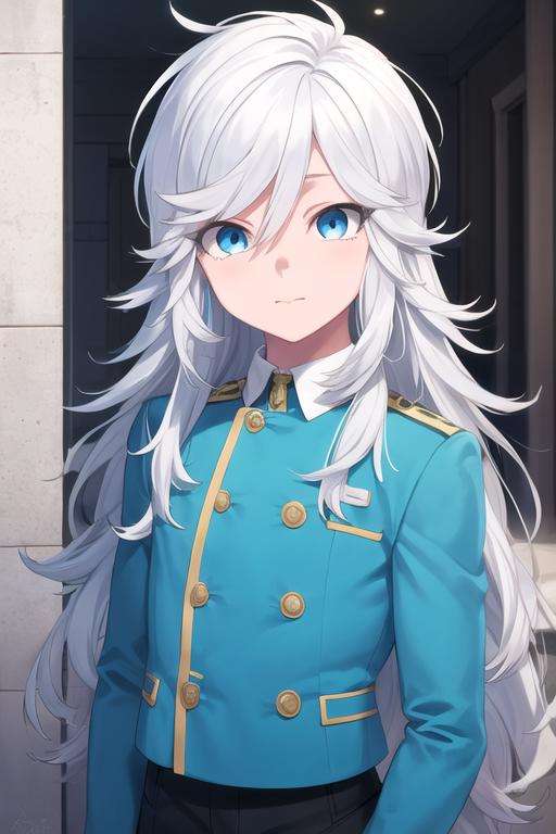 masterpiece, best quality, high quality, 1boy, solo, male focus, looking at viewer, upper body, <lora:akira_kemono_jihen:0.68>, akira_kemono_jihen, long hair, blue eyes, white hair, , gakuran