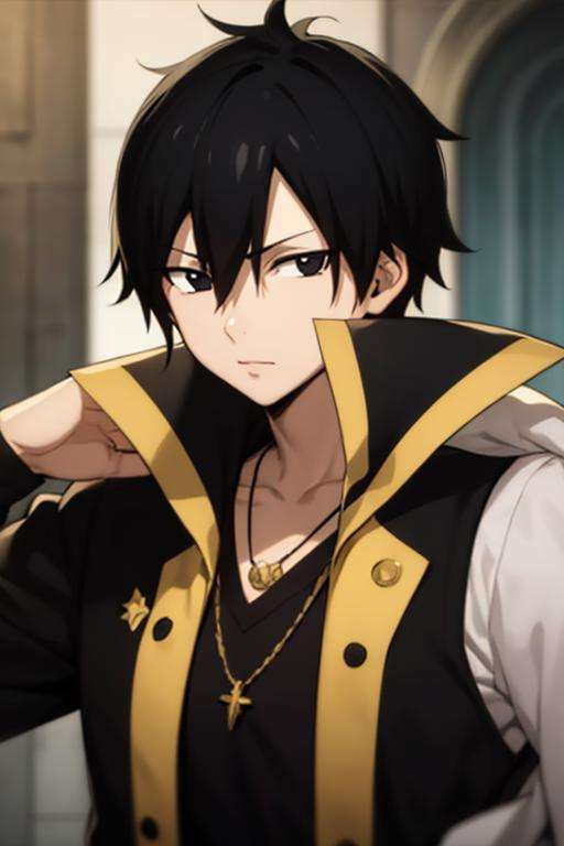 masterpiece, best quality, high quality, 1boy, solo, male focus, looking at viewer, upper body, <lora:zeref:0.70>, zeref, black hair