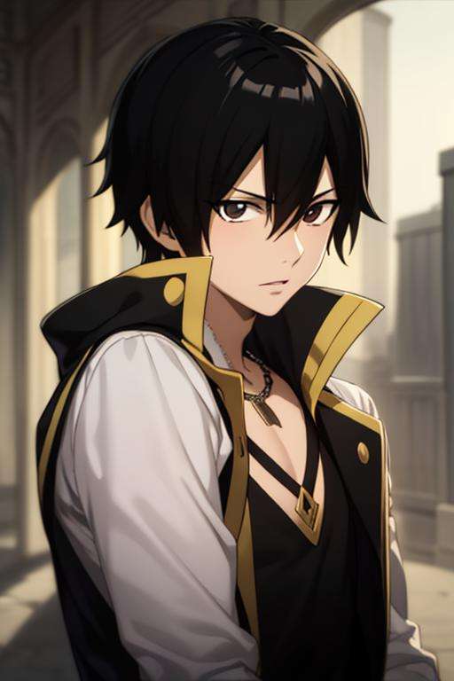 masterpiece, best quality, high quality, 1boy, solo, male focus, looking at viewer, upper body, <lora:zeref:0.70>, zeref, black hair