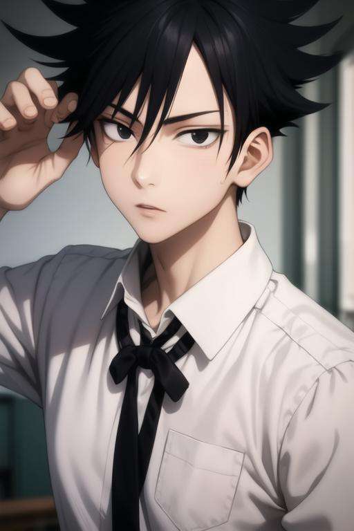 masterpiece, best quality, high quality, 1boy, solo, male focus, looking at viewer, upper body, <lora:fushiguro_megumi:0.84>, fushiguro_megumi, black hair, spiked hair, black eyes, school uniform,