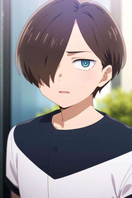 masterpiece, best quality, high quality, 1boy, solo, male focus, looking at viewer, upper body, <lora:kyoutarou_ichikawa:0.74>, kyoutarou_ichikawa, blue eyes, hair over one eye, brown hair, realistic