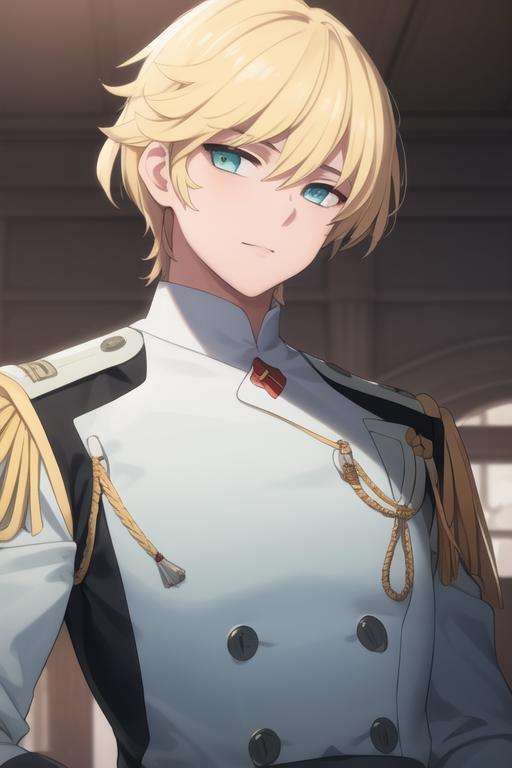 masterpiece, best quality, high quality, 1boy, solo, male focus, looking at viewer, upper body, <lora:nine_alpha:0.70>, nine_alpha, blonde hair, military uniform
