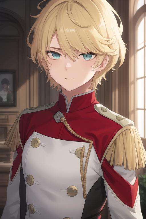 masterpiece, best quality, high quality, 1boy, solo, male focus, looking at viewer, upper body, <lora:nine_alpha:0.70>, nine_alpha, blonde hair, military uniform