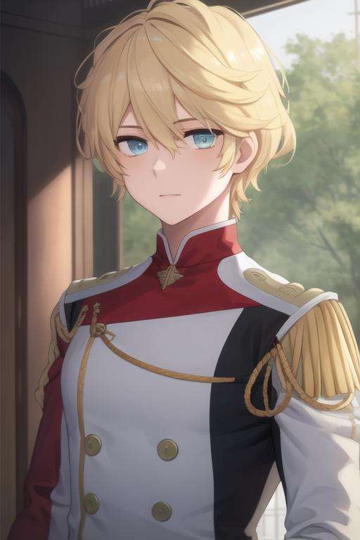 masterpiece, best quality, high quality, 1boy, solo, male focus, looking at viewer, upper body, <lora:nine_alpha:0.70>, nine_alpha, blonde hair, military uniform