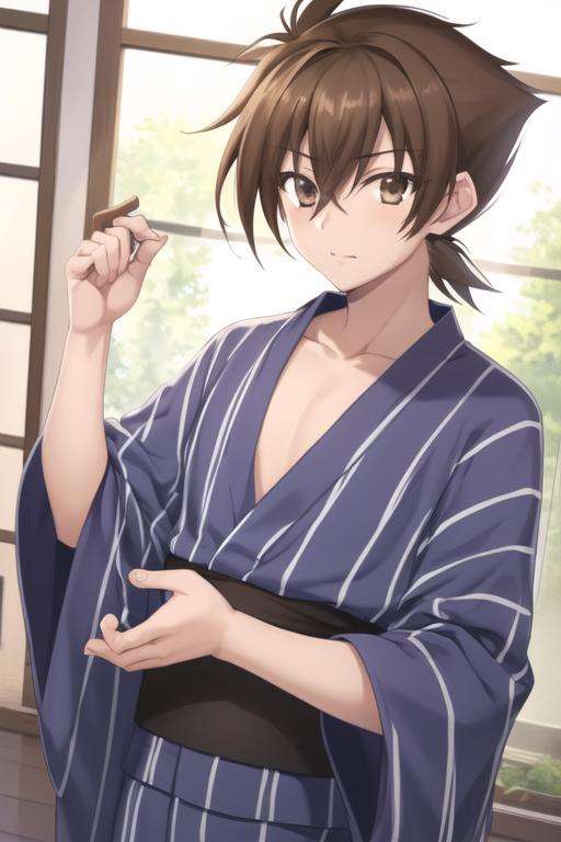 masterpiece, best quality, high quality, 1boy, solo, male focus, looking at viewer, upper body, <lora:issei_hyoudou:0.78>, issei_hyoudou, brown hair, brown eyes, hair between eyes, , yukata