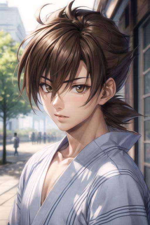 masterpiece, best quality, high quality, 1boy, solo, male focus, looking at viewer, upper body, <lora:issei_hyoudou:0.62>, issei_hyoudou, brown hair, brown eyes, hair between eyes, realistic, yukata