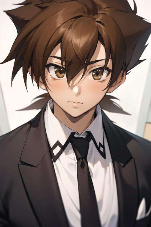 masterpiece, best quality, high quality, 1boy, solo, male focus, looking at viewer, upper body, <lora:issei_hyoudou:0.78>, issei_hyoudou, brown hair, brown eyes, hair between eyes, realistic, formal, necktie, dress shirt