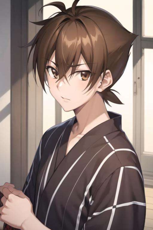 masterpiece, best quality, high quality, 1boy, solo, male focus, looking at viewer, upper body, <lora:issei_hyoudou:0.64>, issei_hyoudou, brown hair, brown eyes, hair between eyes, , yukata