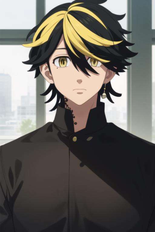 masterpiece, best quality, high quality, 1boy, solo, male focus, looking at viewer, upper body, <lora:hanemiya_kazutora:0.70>, hanemiya_kazutora, blonde hair, black hair, yellow eyes, multicolored hair, <lora:animemix_v3_offset:0.25>