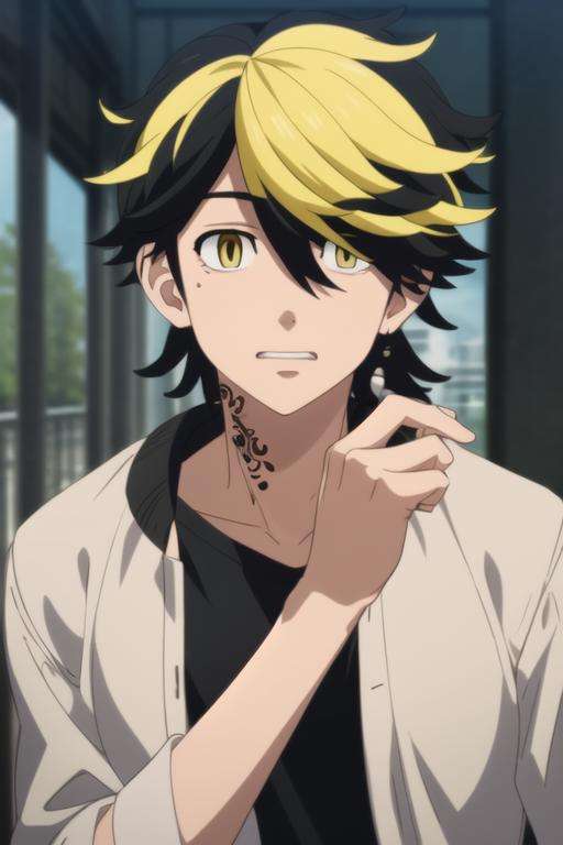 masterpiece, best quality, high quality, 1boy, solo, male focus, looking at viewer, upper body, <lora:hanemiya_kazutora:0.70>, hanemiya_kazutora, blonde hair, black hair, yellow eyes, multicolored hair, <lora:animemix_v3_offset:0.25>