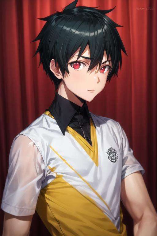 masterpiece, best quality, high quality, 1boy, solo, male focus, looking at viewer, upper body, <lora:sadao_maou:0.76>, sadao_maou, black hair, red eyes, ,