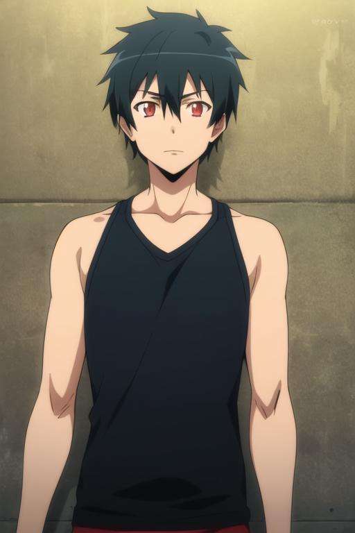 masterpiece, best quality, high quality, 1boy, solo, male focus, looking at viewer, upper body, <lora:sadao_maou:0.76>, sadao_maou, black hair, red eyes, , tank top