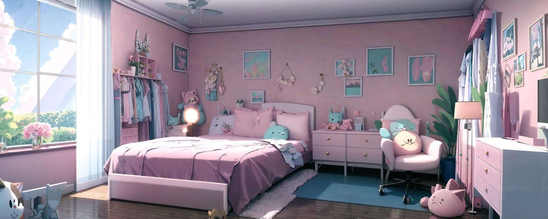 Bare thigh,extremely detailed CG unity 8k wallpaper,illustration,lens 135mm,masterpiece, best quality, no humans, flower, virtual youtuber, indoors, bed, pillow, window, stuffed toy, girl’s bedroom,table, cat, stuffed animal, bell, chair, curtains, cloud, microphone, rose, day, white flower, neck bell, english text, sky, plant, scenery,pink tone ,no human<lora:room:1>