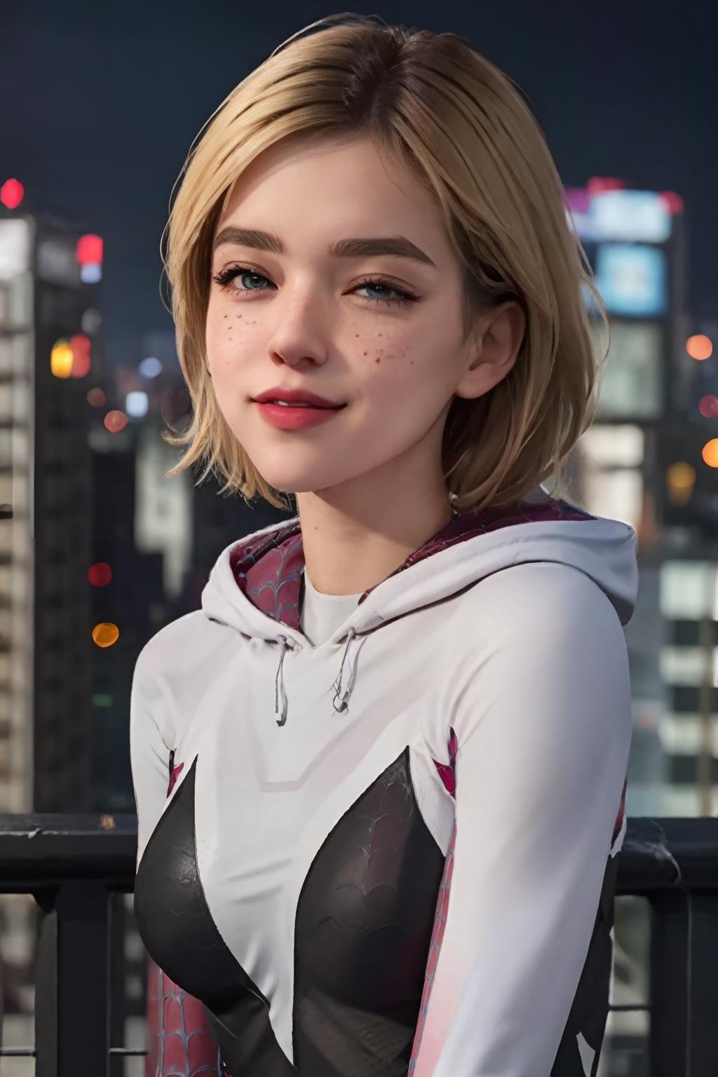 ((best quality)), ((masterpiece)), ((realistic)), (detailed), young female spider gwen, gwen_stacy, freckles, blonde hair, short hair, blue eyes, detailed eyes, body suit, wearing spider gwen costume, wearing hood, looking at the viewer, cute smile, detailed background, rooftop at night, new york, cinematic light, art by artgerm, sigma face,art by warren lou <lora:epiNoiseoffset_v2:1> <lora:gwen_stacy_v1.1:0.4> <lora:spider_gwen:1> <lora:sigma:0.8>