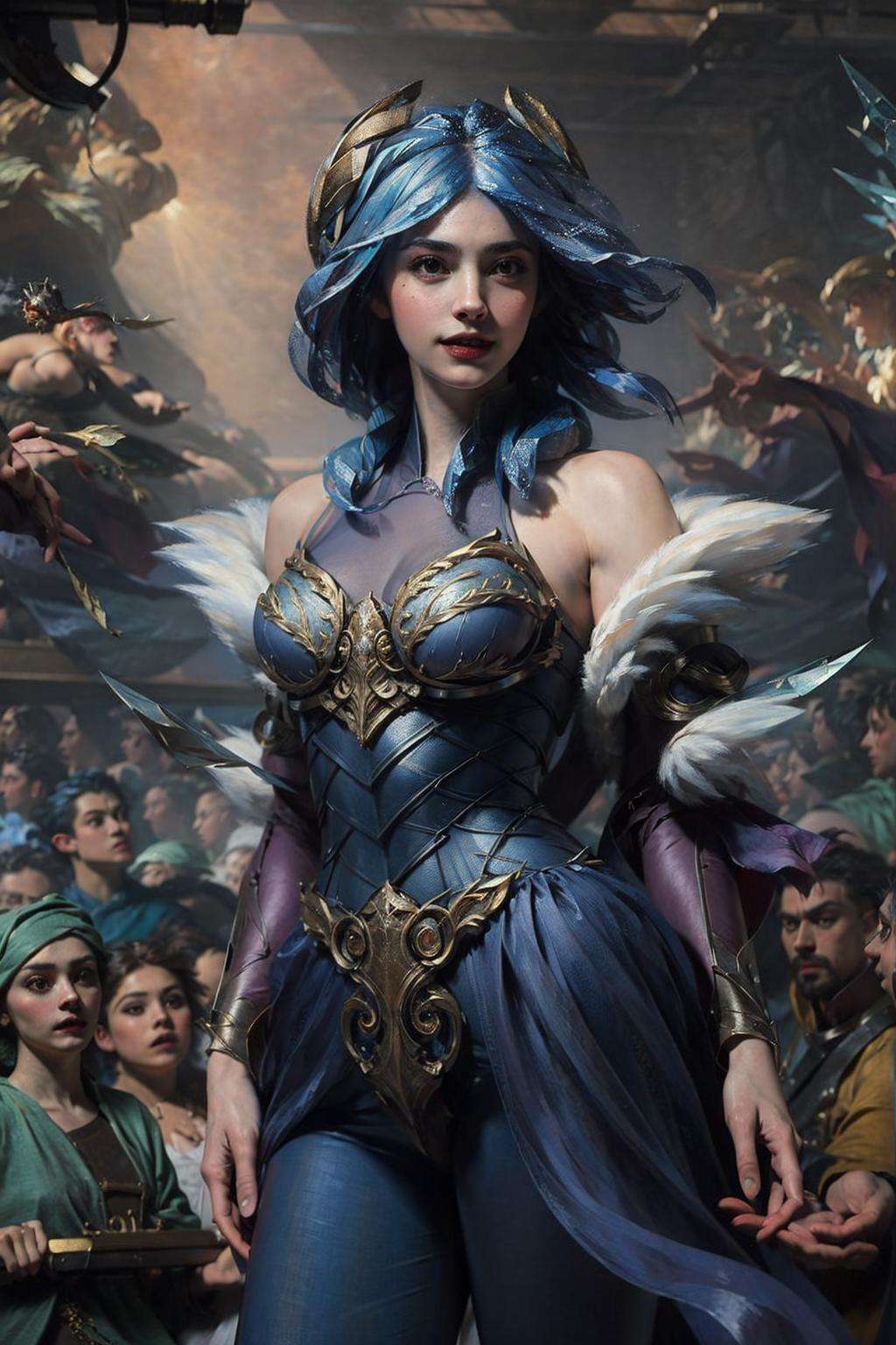 renaissance,(Masterpiece:1.4), (best quality:1.2), <lora:Frostblade_Irelia-000020:0.8>, frostblade irelia, 1girl, short hair, blue hair, bodysuit, detached sleeves, smile, looking at viewer, upper body, cowboy shot,<lora:Frostblade_Irelia:1><lora:文艺复兴:1>