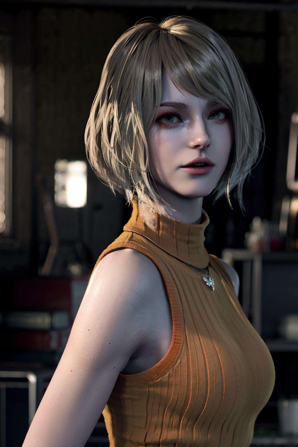1girl, blurry, photo_\(medium\), realistic, short_hair, sleeveless, solo, looking_at_viewer, blonde_hair, shirt, bare_shoulders, jewelry, green_eyes, upper_body, parted_lips, necklace, sweater, lips, turtleneck, bob_cut, sleeveless_turtleneck, orange_shirt, Ashley, 3d, <lora:Ashley:1>
