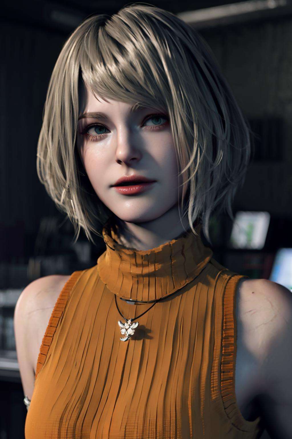 1girl, blurry, photo_\(medium\), realistic, short_hair, sleeveless, solo, looking_at_viewer, blonde_hair, shirt, bare_shoulders, jewelry, green_eyes, upper_body, parted_lips, necklace, sweater, lips, turtleneck, bob_cut, sleeveless_turtleneck, orange_shirt, Ashley, 3d, <lora:Ashley:1> <lora:ppfs:1>