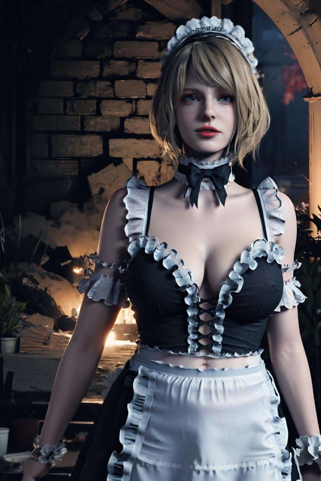 1girl, blonde_hair, breasts, brick, brick_wall, cleavage, cosplay_photo, lips, maid, maid_headdress, realistic, solo, wall, short_hair, blue_eyes, large_breasts, dress, bow, bare_shoulders, upper_body, frills, parted_lips, choker, indoors, bowtie, apron, black_bow, waist_apron, white_apron, frilled_apron, nose, arm_garter, Ashley, 3d<lora:Ashley:1> 